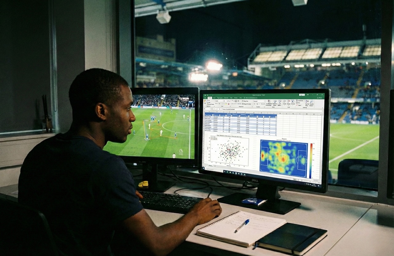 Uma foto (realista) de um analista focado, em um escritório com pouca luz ou em um estádio, olhando para dois monitores. Tela 1: Um jogo de futebol. Tela 2: Excel e mapas de calor (heatmaps) do campo.