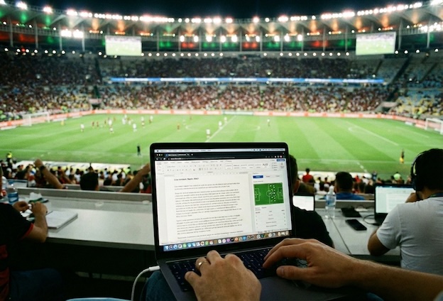 Uma foto realista da perspectiva de um jornalista esportivo sentado na tribuna de imprensa de um estádio de futebol brasileiro moderno lotado à noite. Em primeiro plano, mãos digitando em um laptop com gráficos de estatísticas e um editor de texto aberto. Ao fundo, o gramado verde iluminado com jogadores de futebol. Foco no laptop e desfoque suave no campo.