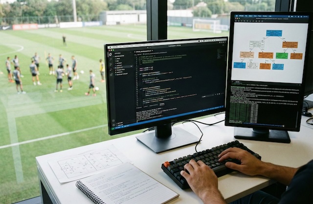 Um profissional de tecnologia esportiva trabalha em um escritório envidraçado com vista para um campo de futebol onde um time treina durante o dia. Ele usa um teclado mecânico e dois monitores: o da esquerda exibe um editor de código com scripts de programação, e o da direita mostra um diagrama de árvore de decisão para análise de dados e um terminal de comandos. Sobre a mesa, há anotações em papel e um caderno.